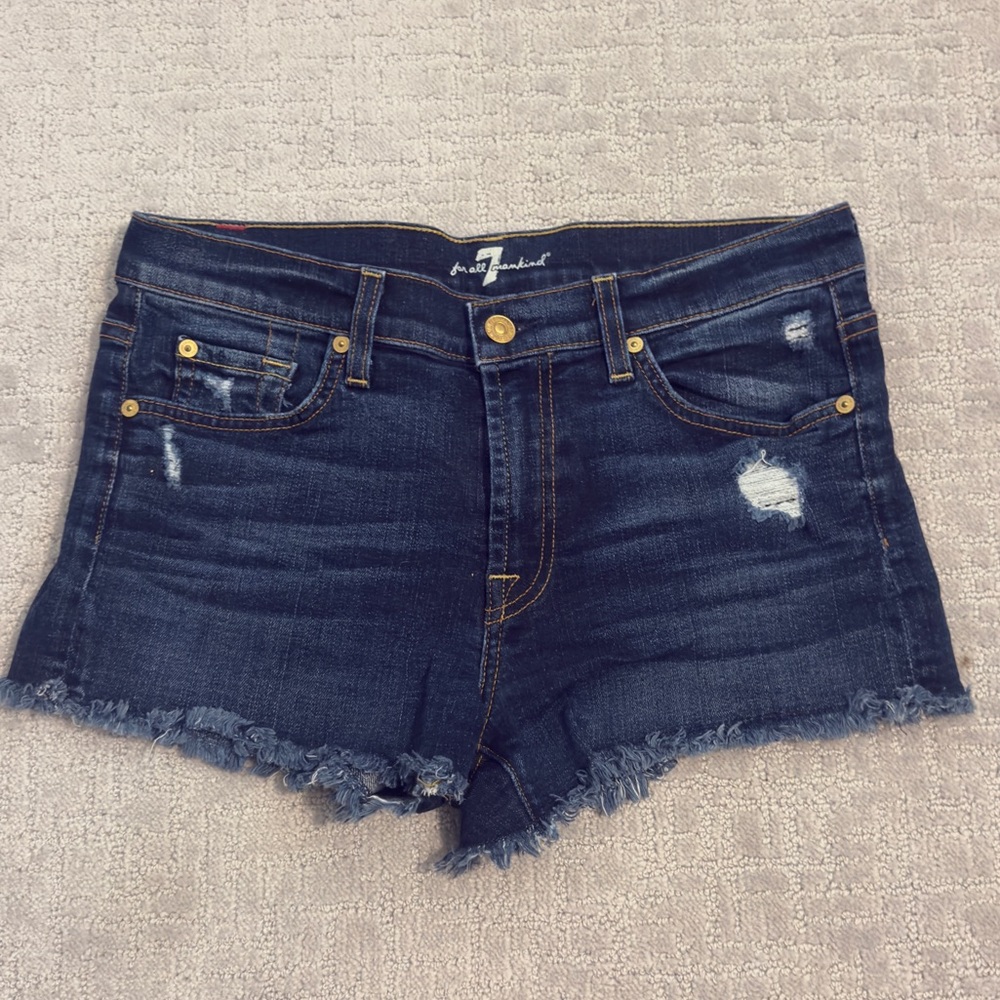 7 For All Mankind Dark Blue Distressed Denim Cutoff Shorts